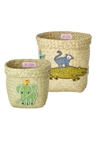 Rice - Round Raffia Baskets with Animal Embroidery Crocodile/Elephant