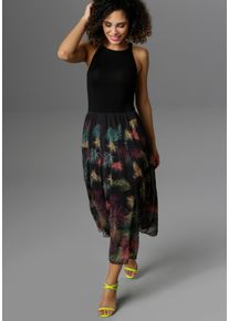 Aniston Selected Sommerkleid, Mit Buntem Blätterdruck schwarz, Größe 46 - N-Gr, Damenkleid mit buntem Blätterdruck