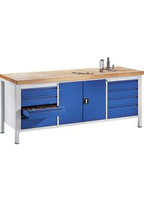 Werkbank, Gestellbauweise, 8 Schubladen Größe L, 1 Werkzeugschrank, Tiefe 700 mm, Breite 2000 mm Rau