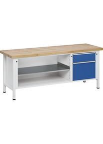 Werkbank, Gestellbauweise Serie V, 1 Schublade 180 mm, Tür 360 mm, Buche massiv, Teilauszug ANKE