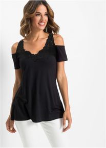 bonprix Mujer, Camiseta con hombros al descubierto y encaje, negro, 44/46