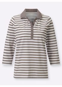 Dames Poloshirt met korte knoopsluiting in donkertaupe/wit gestreept ,maat 36, WITT, 100% Katoen