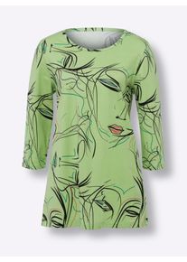 Dames Lang shirt met 3/4-mouwen in resedagroen/zwart bedrukt ,maat 38, WITT, 100% Katoen