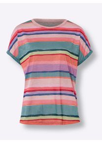Heine Dames T-shirt van etskant in flamingo/jade gestreept ,maat 34, Witt, 65% Polyester, 35% Viscose
