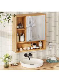 Meuble de salle de bain avec miroir, meuble mural de salle de bain avec 3 étagères, bambou, 55,4x16x61,2 cm - couleur naturelle