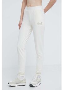 EA7 Emporio Armani pantaloni de trening culoarea bej, neted