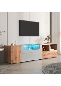 Okwish - Meubles tv, lowboards, meubles de salon aux couleurs gris clair et bois. Style maison de campagne naturelle. Avec lumières led à couleurs