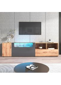 Meubles TV, lowboards, meubles de salon aux couleurs gris foncé et bois. Style maison de campagne naturelle. Avec lumières LED à couleurs changeantes