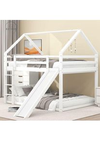 Lit 140x200cm double lit enfant lit maison lit superposé avec toboggan et échelle, chambre d'enfant lit superposé double haut-blanc
