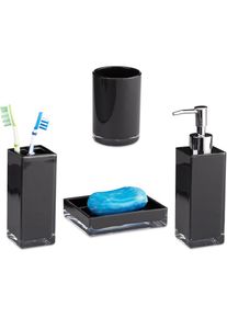 Accessoires salle de bain Set 4 pièces distributeur savon gobelet brosse à dent porte-savon plastique, noir - Relaxdays