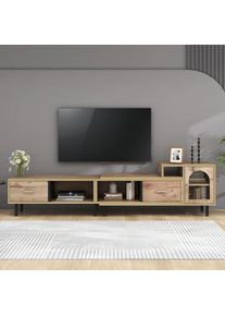 Paryou - Erweiterbarer TV-Schrank in Holzoptik - 4 Fächer, 2 Schubladen, Glastür, Variabler Längenbereich 200cm-278cm