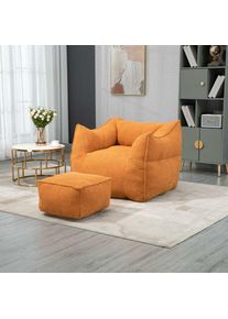 Fauteuil pouf avec tabouret moelleux, mousse haute densité, canapé pouf, fauteuil de salon, tissu lin - Orange - Orange