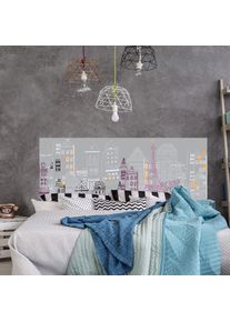 Sticker mural décoratif 160 cm x 60 cm, graphique et romantique, pour tête de lit, Paris, couleurs blanc, rose et bordeaux. - Multicouleur