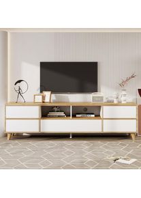 Okwish - Meuble tv, lowboard, meuble de salon aux coloris blanc et bois. Compartiments et portes de style maison de campagne naturelle