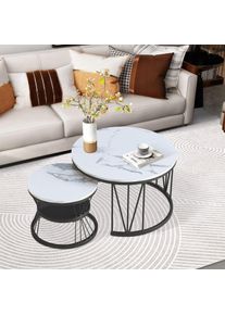 Table basse ronde, ensemble de 2, table basse gigogne avec motif en marbre et cadre en métal, petite table basse moderne pour la maison – noir + blanc