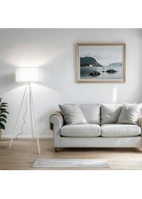 Licht-Erlebnisse Lampadaire Flora en bois blanc au design scandinave trépied avec abat-jour en tissu gris - blanc, gris