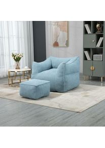 LBF - Fauteuil pouf avec tabouret moelleux, mousse haute densité, canapé pouf, fauteuil de salon, tissu lin - Bleu - Bleu