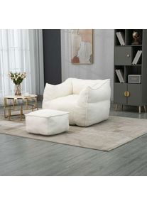 LBF - Fauteuil pouf avec tabouret moelleux, mousse haute densité, canapé pouf, fauteuil de salon, tissu lin - Blanc - Blanc