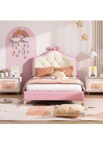 Lit rembourré, lit simple avec tête de lit ondulée et point de traction, nœud rose, avec bandes led multicolores changeantes, lit simple, pu, cadre