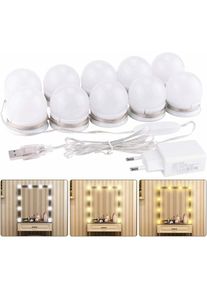 Dpzo - Lumière de Miroir, 10 Ampoules Hollywood Kit de Lumière led Dimmable Lampe pour Miroir Cosmétique Salle de Bain 3 Couleurs 10 Niveaux de
