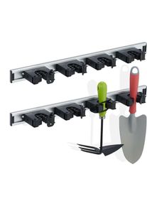 Porte-outils mural, lot de 2, balais, outils de jardin, rangement atelier, pinces, aluminium, noir/argenté - Relaxdays