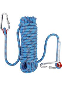 Corde d'Escalade Statique Corde de Parachute de Sauvetage Corde de Rappel avec Mousquetonss 10mm de Diamètre Bleu - 30m