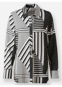 Dames Blouse met lange mouwen van pure viscose in wit/zwart geprint ,maat 36, WITT, 100% Viscose