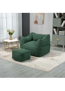 Fauteuil pouf avec tabouret moelleux, mousse haute densité, canapé pouf, fauteuil de salon, tissu lin - Vert - Vert