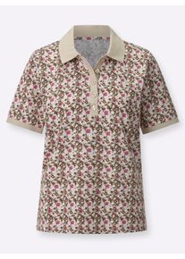 Dames Poloshirt met knoopsluiting in zand/fuchsia bedrukt ,maat 36, WITT, 100% Katoen