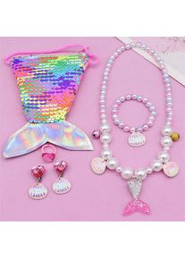 Girls Lovely Mermaid Tail Pearl Necklace Jewelry Set, Pink