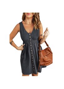 Women's V-Neck Sleeveless Button Elastic Waist Casual Dress, Dark Grey / 3XL