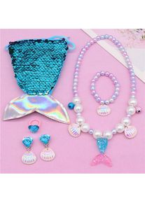 Girls Lovely Mermaid Tail Pearl Necklace Jewelry Set, Blue