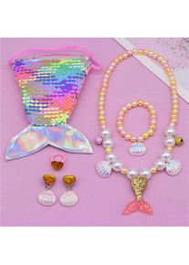 Girls Lovely Mermaid Tail Pearl Necklace Jewelry Set, Yellow