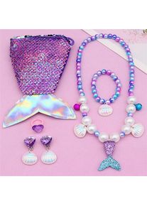 Girls Lovely Mermaid Tail Pearl Necklace Jewelry Set, Purple