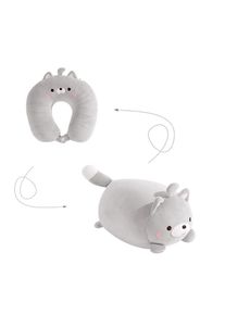 2-in-1 U-Shaped Neck Pillow Deformable Back Cushion Cute Stuffed Animal Plush Toy, Grey Cat