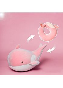 2-in-1 U-Shaped Neck Pillow Deformable Back Cushion Cute Stuffed Animal Plush Toy, Pink Whale