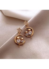 Women Shining Crystal Star Moon Cubic Zirconia Stud Earrings, Cat Star