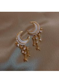 Women Shining Crystal Star Moon Cubic Zirconia Stud Earrings, Moon Tassel