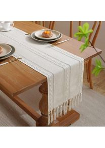 Chemin de Table Style Maison de Campagne avec Pompons Rustique Blanc 33 x 160 cm