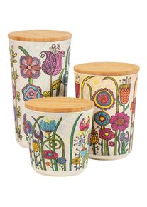 Wenko Lot de 3 boîtes de rangement avec couvercle hermétique en bambou motif floral, 3 différentes tailles 0,5L-0,7L-0,95L, plastique, multicolore