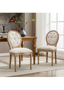 Chaises Lot de 2-chaise Louis avec un dossier rond,chaise médaillon, pieds en bois massif, siège rembourré en lin, 95x60x50cm crème.