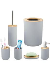 Relaxdays - accessoires salle de bain, lot de 6, en plastique et en bambou, ensemble complet, gris