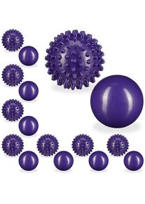 Relaxdays - Balles de massage, lot de 16, une balle lisse et une à picots, dures, remplies d'eau, auto-massage, ø 6,5 & 7 cm, violet