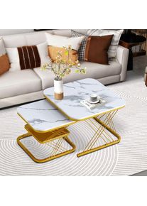 Table basse carrée, ensemble de 2, table basse gigogne avec motif en marbre et cadre en métal, petite table basse moderne pour la maison – or + blanc