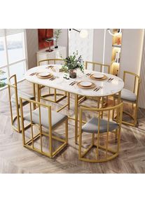 Fortuna Lai - Ensemble de table de salle à manger(140x80cm)et 6 chaises - Table en mdf blanc, chaises avec dossiers et coussins gris structure en fer