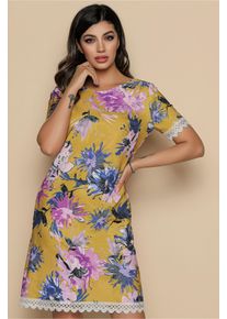 Rochie MBG galbena cu imprimeu floral roz