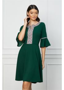 Rochie Moze verde cu imprimeu pe bust si maneci clopot