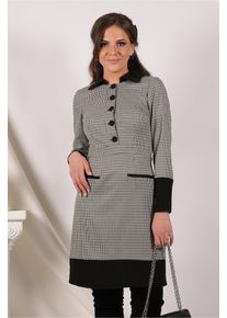 Rochie Moze gri cu imprimeu pepit si nasturi la bust