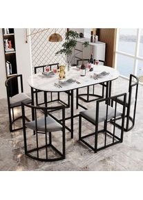 Ensemble table et chaises + 6 chaises de salle à manger, plateau motif marbre blanc, revêtement velours, structure métal noir - Noir - Noir