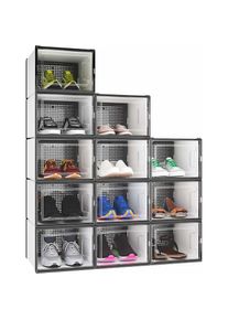 Boîte à chaussures, Lot de 12 boite Rangement Chaussures en Platique Transparente, Empilable et Pliable, pour chaussures jusqu'à la pointure 44 boite